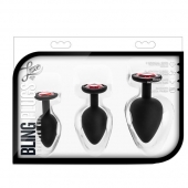 Набор черных анальных пробок с красным кристаллом-сердечком Bling Plugs Training Kit - Blush Novelties - купить с доставкой в Ростове-на-Дону