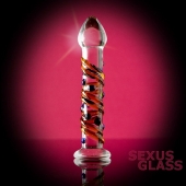 Стеклянный фаллос на подставке со спиральными полосками - 18 см. - Sexus купить с доставкой в интернет-магазине Orgasmix в Ростове-на-Дону Стеклянный фаллос на подставке со спиральными полосками - 18 см. - Sexus