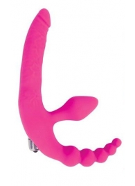 Розовый безремневой страпон с анальным отростком и вибрацией - 15 см. - Bior toys - купить с доставкой в Ростове-на-Дону
