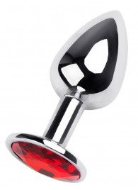 Маленькая коническая серебристая анальная пробка с красным кристаллом - 7 см. - ToyFa - купить с доставкой в Ростове-на-Дону