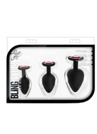 Набор черных анальных пробок с красным кристаллом-сердечком Bling Plugs Training Kit - Blush Novelties - купить с доставкой в Ростове-на-Дону