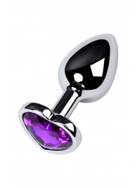 Серебристая коническая анальная пробка с фиолетовым кристаллом-сердечком - 7 см. - ToyFa - купить с доставкой в Ростове-на-Дону