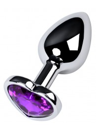 Серебристая коническая анальная пробка с фиолетовым кристаллом-сердечком - 7 см. - ToyFa - купить с доставкой в Ростове-на-Дону