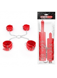Комплект красных наручников и оков на металлических креплениях с кольцом - Notabu - купить с доставкой в Ростове-на-Дону