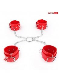 Комплект красных наручников и оков на металлических креплениях с кольцом - Notabu - купить с доставкой в Ростове-на-Дону