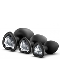 Набор из 3 черных пробок с прозрачным кристаллом-сердечком Bling Plugs Training Kit - Blush Novelties - купить с доставкой в Ростове-на-Дону