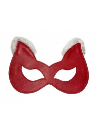 Красная маска из натуральной кожи с белым мехом на ушках - БДСМ Арсенал - купить с доставкой в Ростове-на-Дону