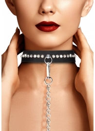 Черный ошейник с поводком Diamond Studded Collar With Leash - Shots Media BV - купить с доставкой в Ростове-на-Дону