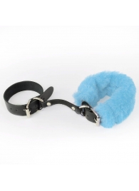 Черные кожаные наручники со съемной голубой опушкой - Sitabella - купить с доставкой в Ростове-на-Дону