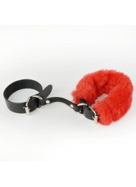 Черные кожаные наручники со съемной красной опушкой - Sitabella - купить с доставкой в Ростове-на-Дону
