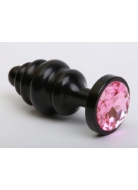 Чёрная ребристая анальная пробка с розовым кристаллом - 7,3 см. - 4sexdreaM - купить с доставкой в Ростове-на-Дону