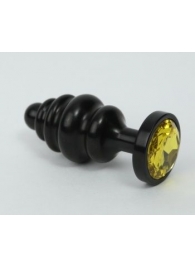 Чёрная ребристая анальная пробка с жёлтым кристаллом - 7,3 см. - 4sexdreaM - купить с доставкой в Ростове-на-Дону