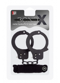 Чёрные наручники из листового металла в комплекте с веревкой BONDX METAL CUFFS LOVE ROPE SET - Dream Toys - купить с доставкой в Ростове-на-Дону