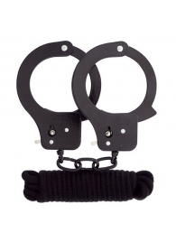 Чёрные наручники из листового металла в комплекте с веревкой BONDX METAL CUFFS LOVE ROPE SET - Dream Toys - купить с доставкой в Ростове-на-Дону