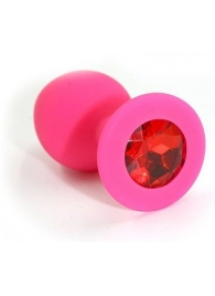 Розовая силиконовая анальная пробка с красным кристаллом - 7 см. - Kanikule - купить с доставкой в Ростове-на-Дону