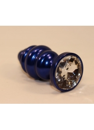 Синяя рифлёная пробка с прозрачным кристаллом - 7,3 см. - 4sexdreaM - купить с доставкой в Ростове-на-Дону