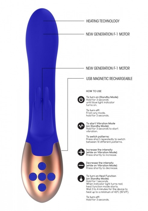 Синий вибратор Opulent с функцией нагрева и клиторальной стимуляцией - 20 см. - Shots Media BV