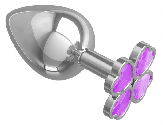 Серебристая анальная пробка-клевер с сиреневым кристаллом - 9,5 см. - Джага-Джага - купить с доставкой в Ростове-на-Дону