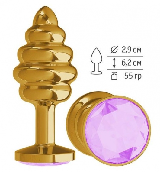 Золотистая спиралевидная анальная пробка с сиреневым кристаллом - 7 см. - Джага-Джага - купить с доставкой в Ростове-на-Дону