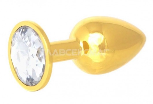 Золотистая анальная пробка с прозрачным кристаллом - 7 см. - Главсексмаг - купить с доставкой в Ростове-на-Дону