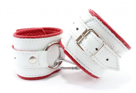 Бело-красные кожаные наручники с кольцом - БДСМ Арсенал - купить с доставкой в Ростове-на-Дону