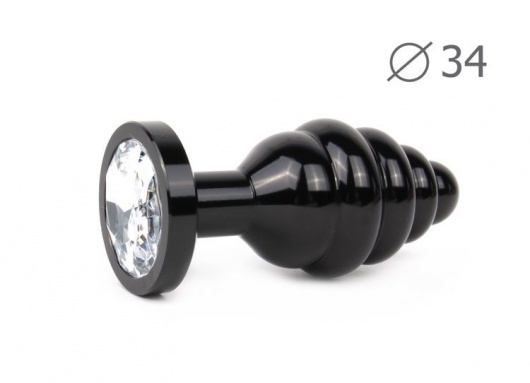 Коническая ребристая черная анальная втулка с прозрачным кристаллом - 8 см. - Anal Jewelry Plug - купить с доставкой в Ростове-на-Дону
