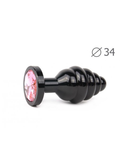Коническая ребристая черная анальная втулка с розовым кристаллом - 8 см. - Anal Jewelry Plug - купить с доставкой в Ростове-на-Дону