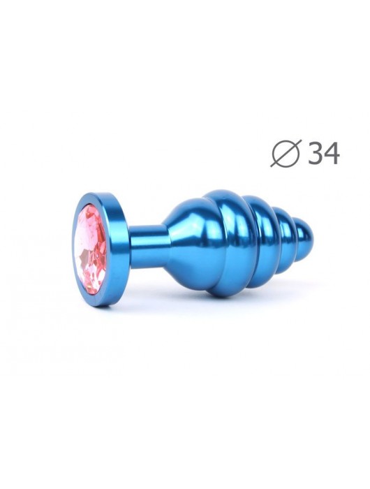 Коническая ребристая синяя анальная втулка с розовым кристаллом - 8 см. - Anal Jewelry Plug - купить с доставкой в Ростове-на-Дону