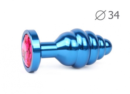 Коническая ребристая синяя анальная втулка с малиновым кристаллом - 8 см. - Anal Jewelry Plug - купить с доставкой в Ростове-на-Дону