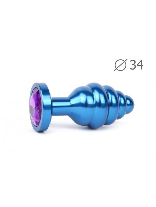 Коническая ребристая синяя анальная втулка с кристаллом фиолетового цвета - 8 см. - Anal Jewelry Plug - купить с доставкой в Ростове-на-Дону