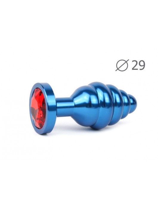 Коническая ребристая синяя анальная втулка с красным кристаллом - 7,1 см. - Anal Jewelry Plug - купить с доставкой в Ростове-на-Дону