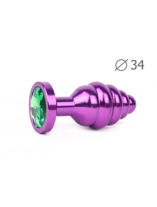 Коническая ребристая фиолетовая анальная втулка с зеленымм кристаллом - 8 см. - Anal Jewelry Plug - купить с доставкой в Ростове-на-Дону