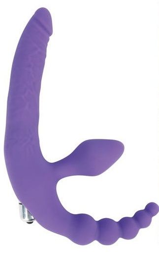 Фиолетовый безремневой страпон с анальным отростком и вибрацией - 15 см. - Bior toys - купить с доставкой в Ростове-на-Дону