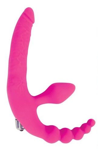 Розовый безремневой страпон с анальным отростком и вибрацией - 15 см. - Bior toys - купить с доставкой в Ростове-на-Дону