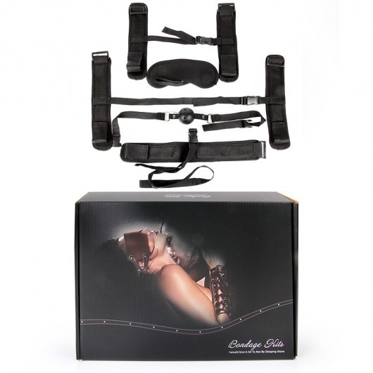 Пикантный черный текстильный набор БДСМ: наручники, оковы, ошейник с поводком, кляп, маска - Bior toys - купить с доставкой в Ростове-на-Дону