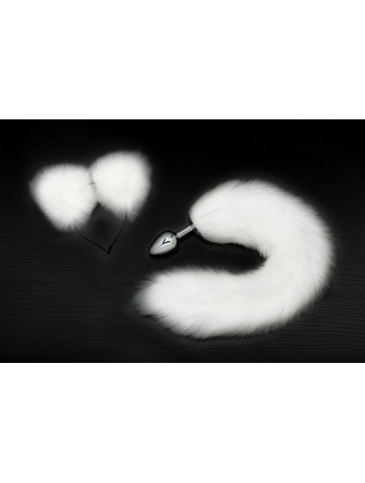 Серебристая анальная пробка с белым хвостиком и ободком-ушками - Пикантные штучки - купить с доставкой в Ростове-на-Дону