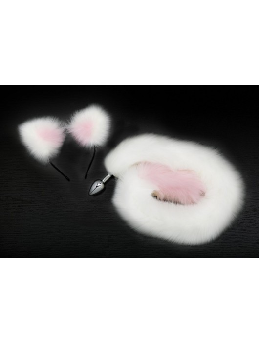 Серебристая анальная пробка с бело-розовым хвостиком и ободком-ушками - Пикантные штучки - купить с доставкой в Ростове-на-Дону