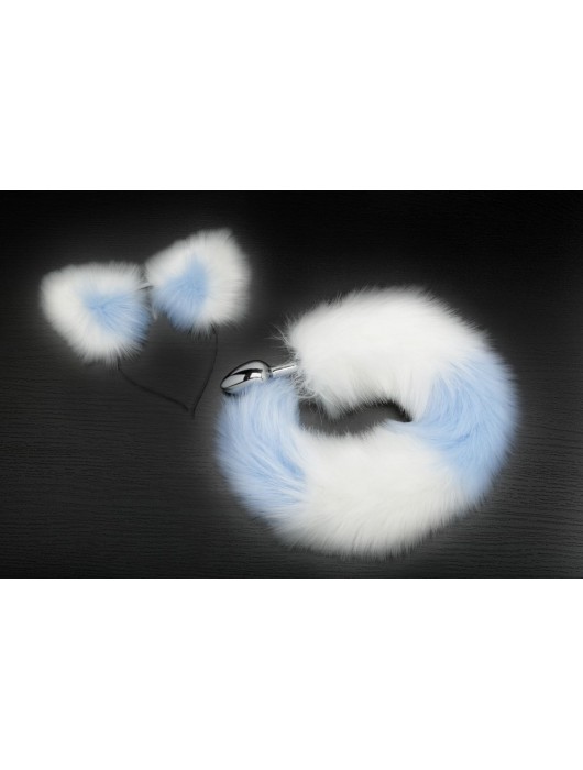 Серебристая анальная пробка с бело-голубым хвостиком и ободком-ушками - Пикантные штучки - купить с доставкой в Ростове-на-Дону