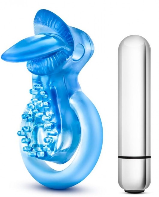 Голубое эрекционное виброкольцо 10 Function Vibrating Tongue Ring - Blush Novelties - в Ростове-на-Дону купить с доставкой