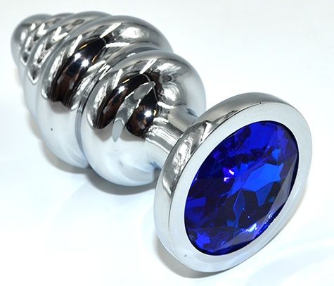 Серебристая анальная пробка из нержавеющей стали с синим кристаллом - 8,8 см. - Kanikule - купить с доставкой в Ростове-на-Дону