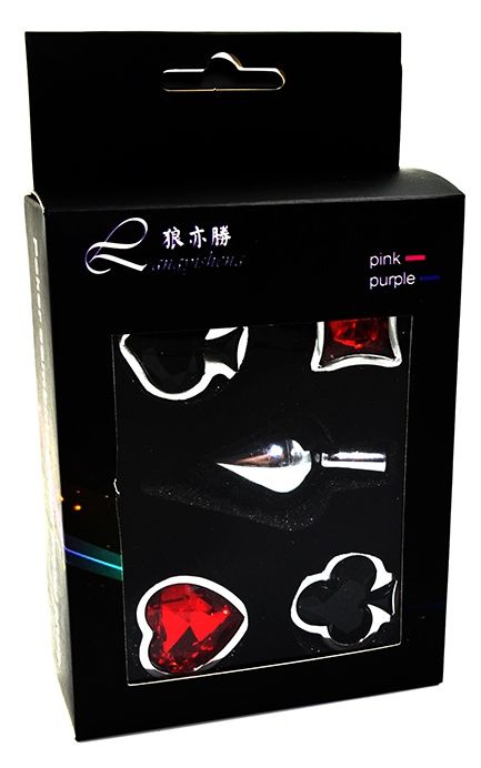 Набор из серебристой анальной пробки из нержавеющей стали и 4 кристаллов в форме мастей - 7,6 см. - Kanikule - купить с доставкой в Ростове-на-Дону