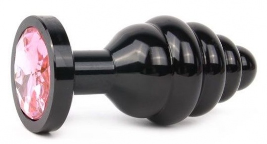 Черная ребристая анальная втулка с розовым кристаллом - 7,1 см. - Anal Jewelry Plug - купить с доставкой в Ростове-на-Дону