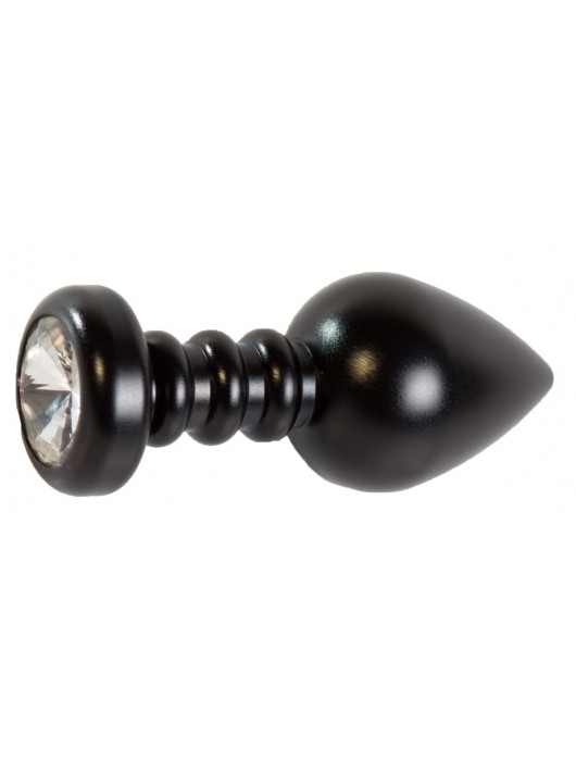 Черная рельефная анальная пробка с прозрачным стразом - 9 см. - Vandersex - купить с доставкой в Ростове-на-Дону