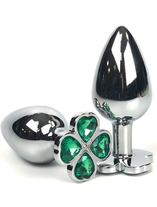 Серебристая анальная втулка с клевером из зеленых кристаллов - 8 см. - Vandersex - купить с доставкой в Ростове-на-Дону