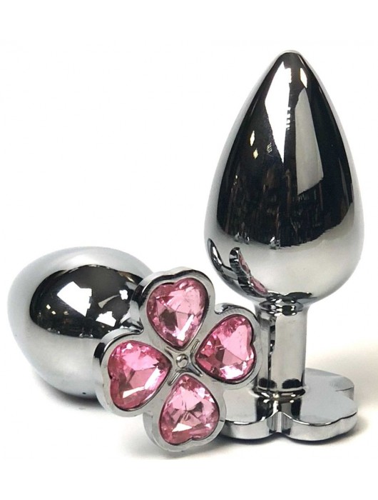 Серебристая анальная втулка с клевером из нежно-розовых кристаллов - 9 см. - Vandersex - купить с доставкой в Ростове-на-Дону