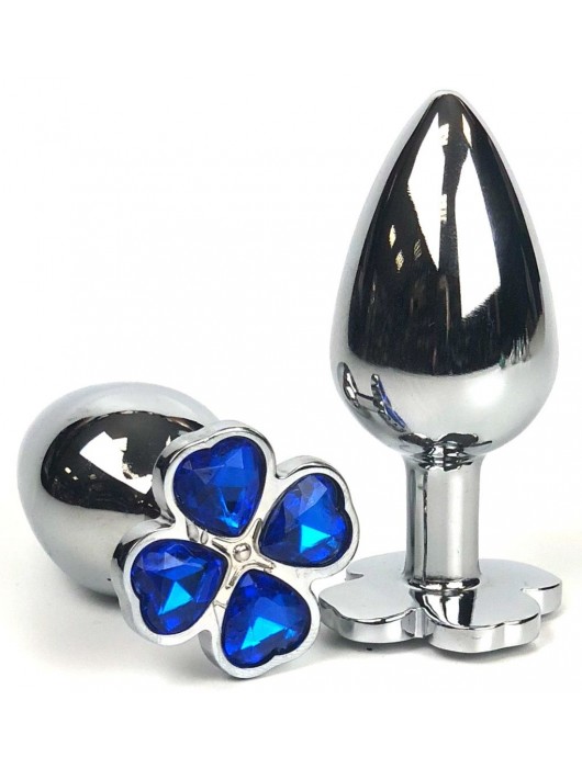 Серебристая анальная втулка с клевером из синих кристаллов - 9 см. - Vandersex - купить с доставкой в Ростове-на-Дону