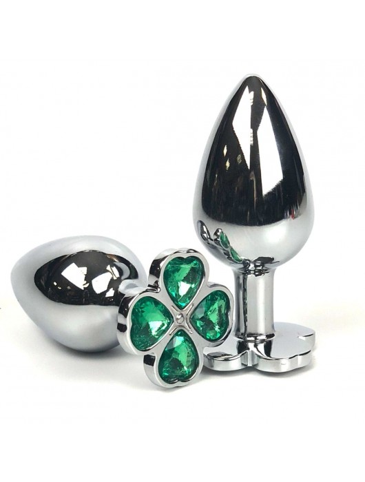 Серебристая анальная втулка с клевером из зеленых кристаллов - 9 см. - Vandersex - купить с доставкой в Ростове-на-Дону