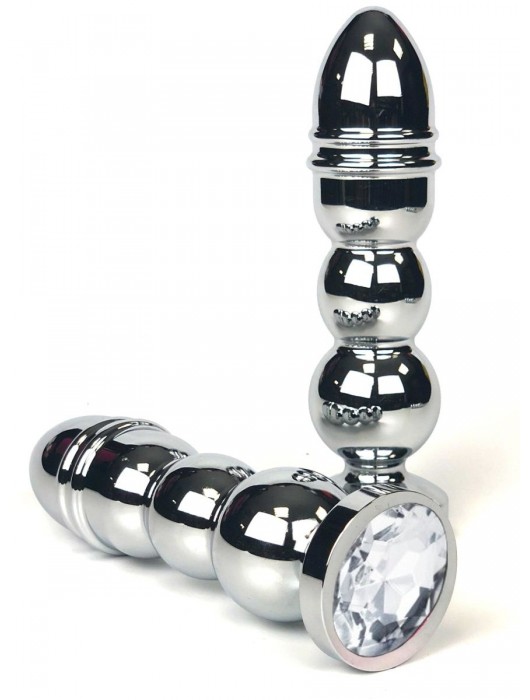 Серебристая анальная пробка-ёлочка с прозрачным кристаллом - 14,5 см. - Vandersex - купить с доставкой в Ростове-на-Дону