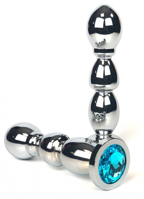 Серебристая анальная пробка-ёлочка с голубым кристаллом - 13 см. - Vandersex - купить с доставкой в Ростове-на-Дону
