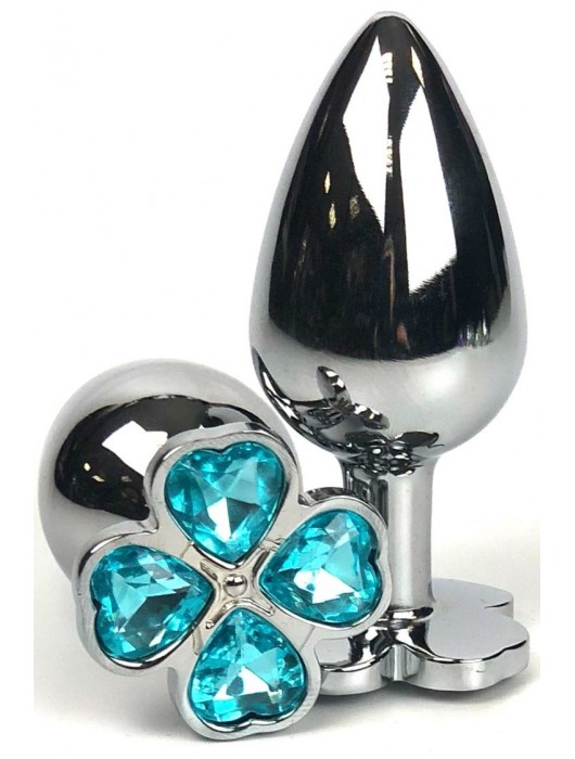 Серебристая анальная втулка с клевером из голубых кристаллов - 9 см. - Vandersex - купить с доставкой в Ростове-на-Дону